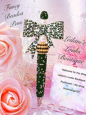Fancy beaded pen/gifts/leopard bow/girly/black beads/